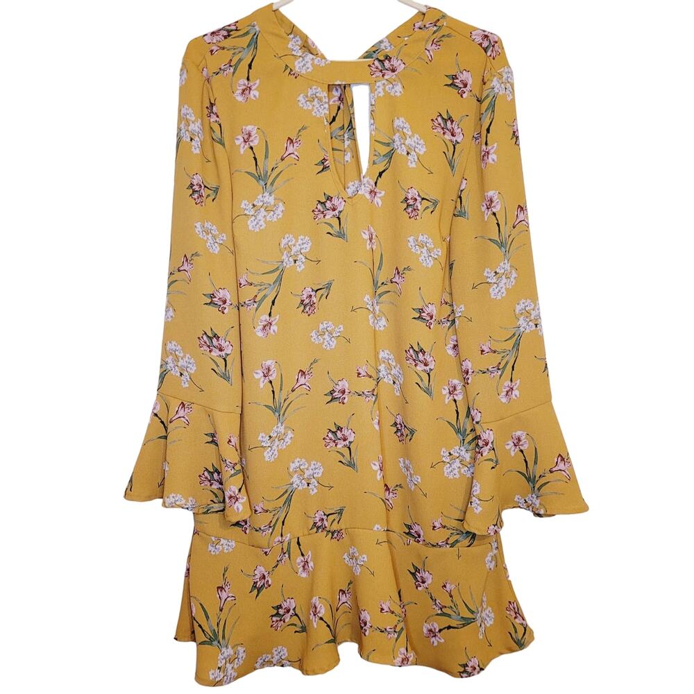 Xhilaration yellow floral print bell sleeve flowy dress size large boho fairy